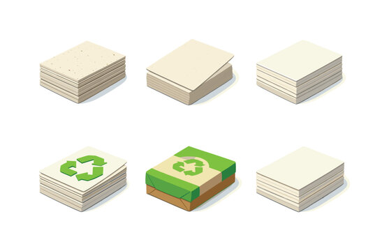    Recycled paper sheets. Isometric flat vector icons set of recycled paper sheets: eco paper stack with flecks, natural recycled sheet, layered