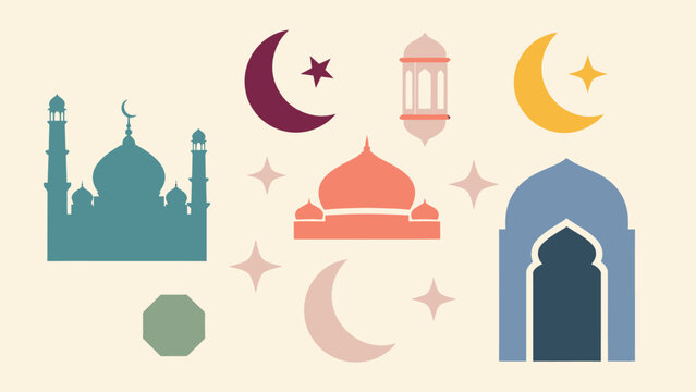 Islamic Symbols Collection Mosque Crescent Moon Lantern Stars.