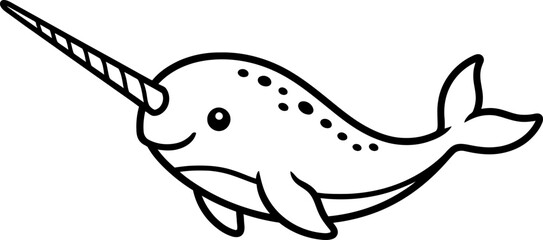 Cute narwhal cartoon character for drawing book. Mythical sea animal coloring page. Simple line art monochrome vector illustration