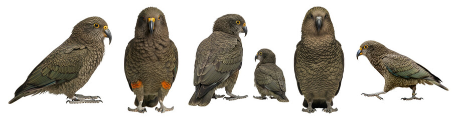 Fototapeta premium A group of small brown birds standing on a black background on transparent background