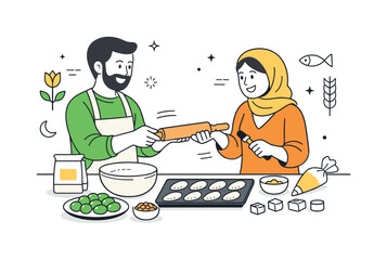 Family collaboration in Nowruz baking. Two people preparing sweets together at a table, exchanging tools and smiles, feeling of tradition and