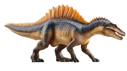 Obraz premium Majestic Dinosaur: A detailed model of a Spinosaurus, a prehistoric giant, is depicted in a striking pose. showcasing the raw power and intriguing details of a creature from a lost era.