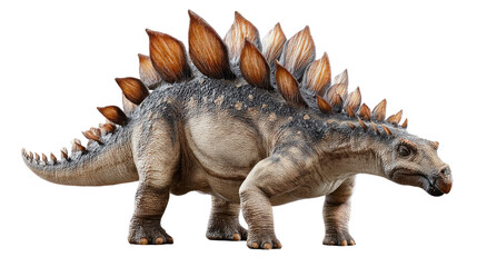 Stegosaurus in detailed view: A detailed portrayal of Stegosaurus, showcasing its unique armored plates along its back, stands prominently against a simple background.