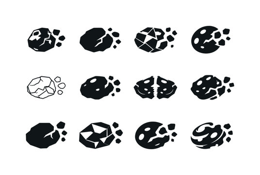 Asteroid. Icon set. Set Logo of Asteroid: broken asteroid fragments. harmonious logo variations of the same emblematic concept, each with