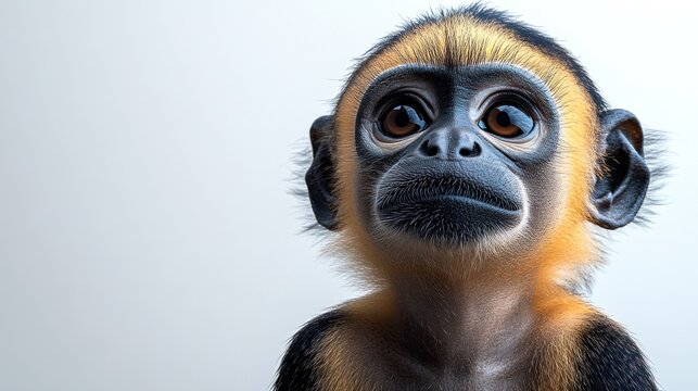 Young monkey displays curiosity with big eyes and unique fur in a calm environment