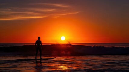 Fototapeta premium Surfer at Sunset Over Ocean Waves: Tranquil Evening Watersport Scene with Vibrant Sky