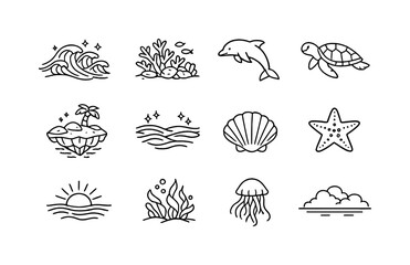 Obraz premium Clean oceans dreamscape. Line outline icon set of Clean oceans dreamscape: crystal waves,