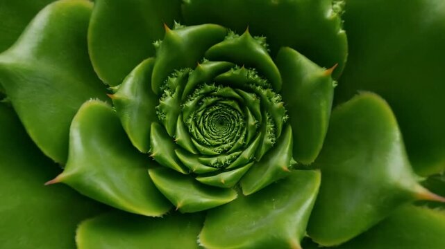 Close-up Macro View of a Vibrant Green Succulent Plant's Intricate Spiral Pattern