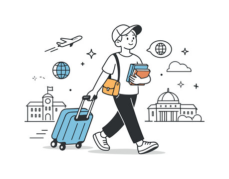 Study abroad experience. An international student confidently exploring a new campus with a suitcase and books, feeling curious and