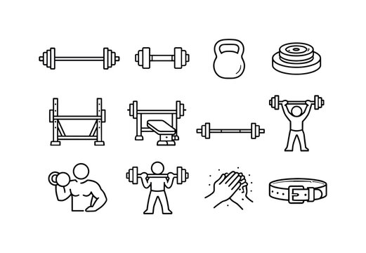 Weightlifting. Line icon set of weightlifting: barbell, dumbbell, kettlebell, weight plates, squat rack, bench press, deadlift bar, overhead
