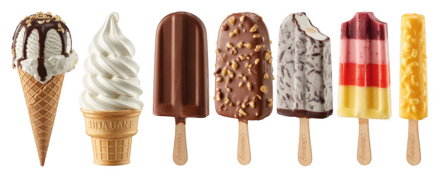 Assorted ice cream popsicles and cones on  chocolate nuts isolated on a transparent background