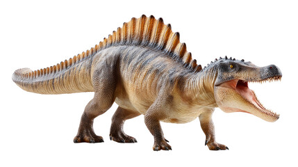 Fototapeta premium Majestic Spinosaurus: A formidable Spinosaurus, with its distinctive sail, roams the prehistoric landscape, its jaws agape.