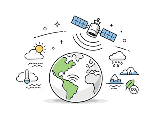 Satellite climate monitoring. A satellite orbiting Earth, collecting environmental data with calm signals and lines. Global perspective,