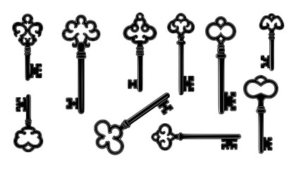 Fototapeta premium Antique filigree key vector set with vintage decorative emblems