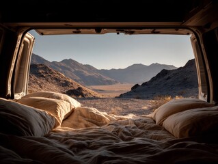 Camper van bed looking out at desert mountains