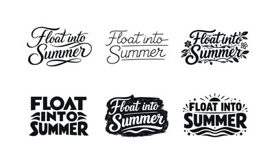Obraz premium Summer Lettering Variations. Float into summer. Set lettering. harmonious lettering variations of the same emblematic concept, each with different artistic