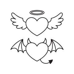 Obraz premium Angelic and devilish heart symbols with wings and horns illustration in minimalist style