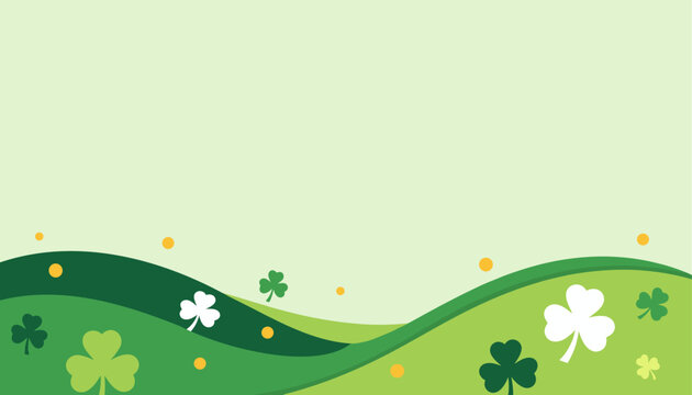 Minimalist St. Patrick's Day Festive Background with Green Shamrocks and Yellow Gold Coins on Rolling Hills