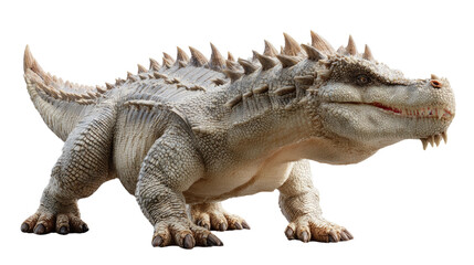 Fototapeta premium Prehistoric Reptile in a Fierce Stance: A detailed view of a prehistoric reptile. With spiky armor and formidable jaws, it embodies a powerful predator from a bygone era.