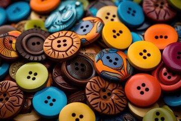 Obraz premium Various colorful and patterned buttons scattered, filling the frame for a craft and hobby concept