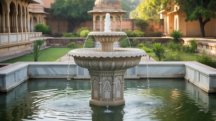 Mughal garden with water lilies, fountains, and ornamental gate in the himalayas