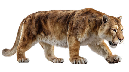 Obraz premium Ancient Saber-Toothed Predator: A majestic saber-toothed cat strides confidently across a prehistoric landscape, its formidable fangs and muscular build showcasing its dominance.