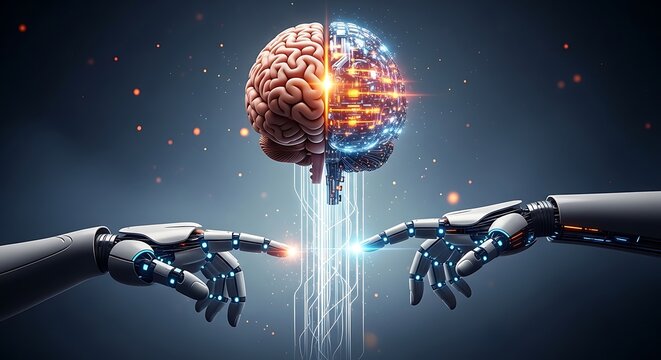 Two robotic arms holding a human brain with digital neural network connections futuristic technology