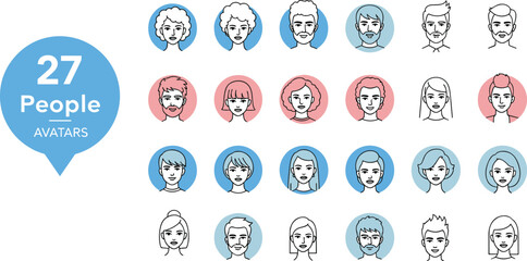 Obraz premium WebCollection of Twenty Seven Diverse People Avatars and User Profile Icons Featuring Professional Men and Women with Various Hairstyles for Inclusive Social Media Community Design.