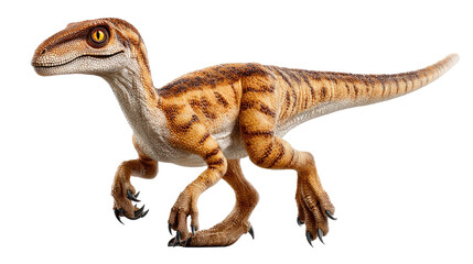 Naklejka premium Velociraptor in Motion: A lifelike velociraptor, rendered with detailed scales and expressive eyes, strides confidently, embodying the raw power and agility of the prehistoric era.