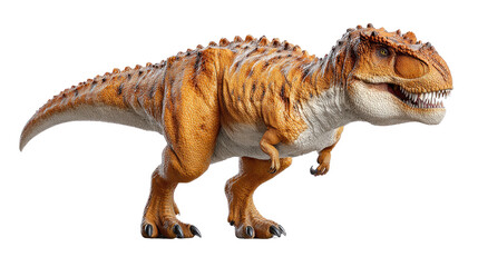 Naklejka premium Majestic Prehistoric Predator: A fearsome Tyrannosaurus Rex strides with imposing presence, its detailed textured skin and powerful build showcasing its ancient heritage and formidable strength. 