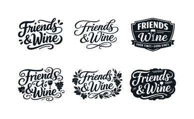 Fototapeta premium Harmonious Wine Lettering. Friends & wine. Set lettering. harmonious lettering variations of the same emblematic concept, each with different