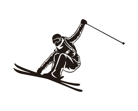 rofessional skier silhouette in action jumping on snow, winter extreme sports athlete illustration isolated on white background.