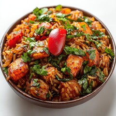 Fototapeta premium A flavorful rice dish packed with fresh veggies and herbs, beautifully garnished