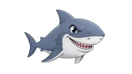Obraz premium A cartoon great white shark with sharp teeth swimming in the ocean, viewed from the side, illustrated in a playful style