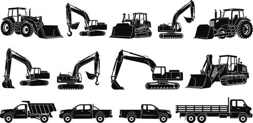 Black Silhouette Vector Set of Construction Heavy Machinery Including Excavators Bulldozers Loaders Dump Trucks and Pickup Trucks Isolated on White Background for Industry © Momotaj