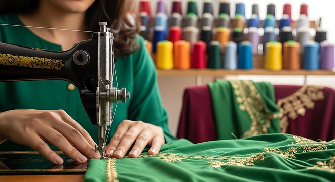 Close-up of a woman's hands operating a vintage sewing machine, stitching intricate gold embroidery onto green fabric, with colorful thread spools in the background.