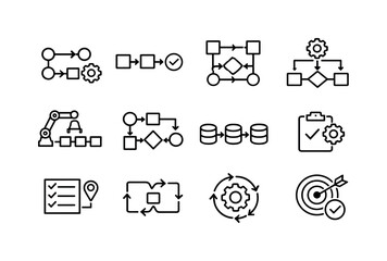 Fototapeta premium Workflow Automation Icons. Workflow automation. Line outline icon set of Workflow automation: automated flow,
