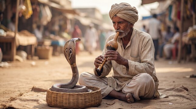 Indian man playing flute to cobra in basket at outdoor market  