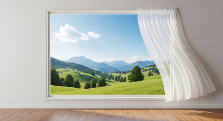 Fototapeta premium Vast green mountainous landscape viewed through an open window with curtains gently blowing in the breeze on a sunny day
