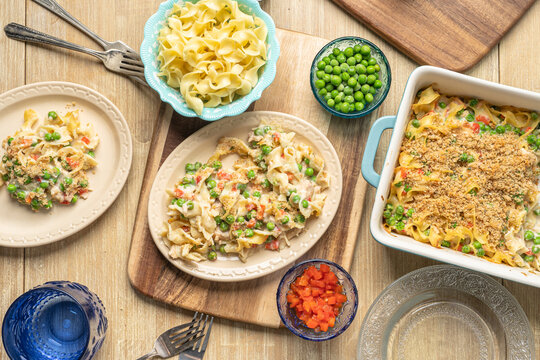 Retro style casserole food made with chicken, noodles, and vegetables