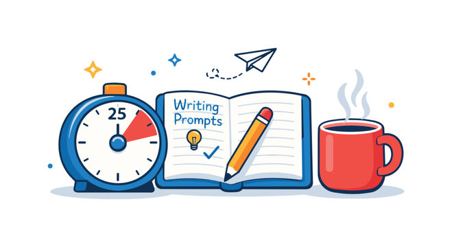 Creative writing prompts and exercises conveyed through a timer, notebook and steaming coffee cup suggesting focused writing sessions and