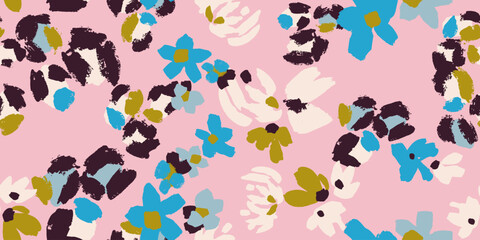 Fototapeta premium Abstract vector pattern combining bold floral motifs and leopard-inspired spots in teal, olive, cream, charcoal and white on a soft pink background