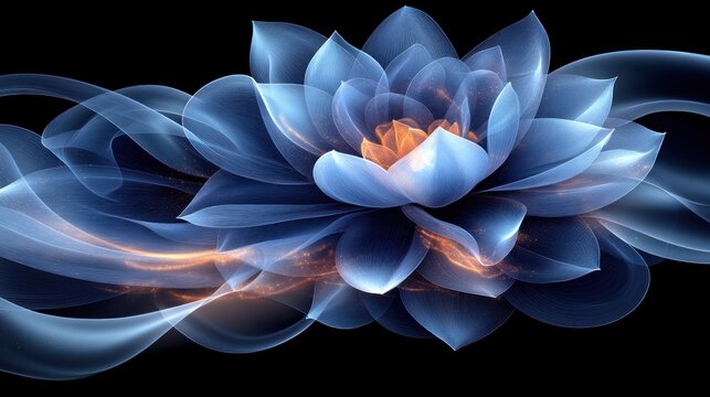 A serene blue lotus emerges with graceful light swirls in a tranquil setting