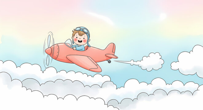 Whimsical Toddler Flying Vintage Airplane in Pastel Watercolor Sky
