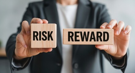 Obraz premium Businessperson weighing risk and reward with wooden blocks in hands symbolizing decision making and strategy in a professional setting with a blurred