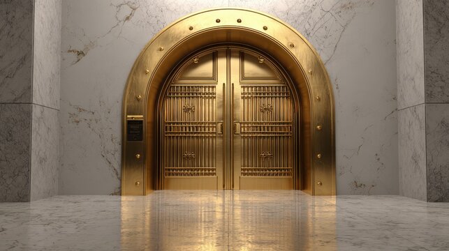 A Polished Bronze Vault Door In An Architectural Setting