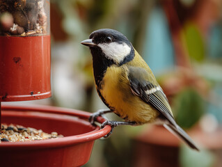 Obraz premium Great Tit Bird Yellow Black Plumage Red Bird Feeder Macro Closeup - Parus Major Perched on Garden Feeder with Seeds, European Wildlife Nature Photography Bokeh Background