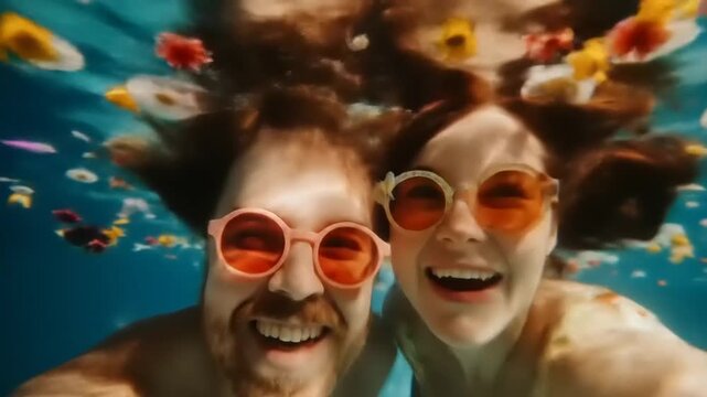 Two people wearing round sunglasses underwater, smiling, surrounded by floating objects