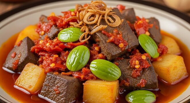 A close-up of Indonesian sambal goreng hati with petai and potatoes, garnished with fried shallots.