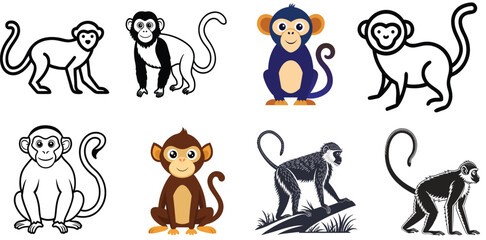Fototapeta premium A set of colourful monkey illustrations in various poses and designs